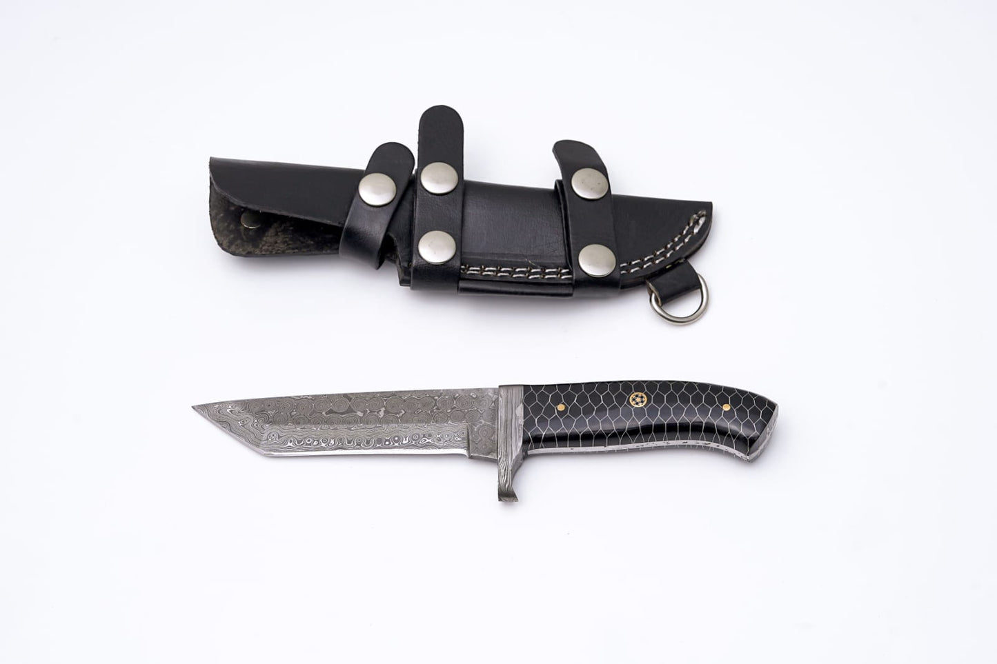 Hand-Forged Damascus Tanto Knife – Black Honeycomb G10 Handle with Mosaic Pin & Leather Sheath