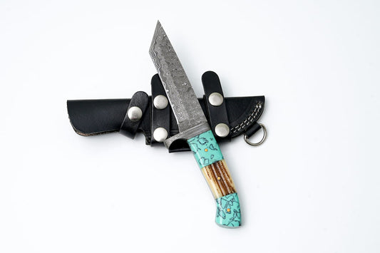 Hand-Forged Damascus Tanto Knife – Turquoise & Bone Handle with Leather Sheath