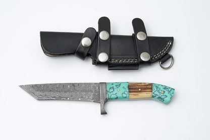 Hand-Forged Damascus Tanto Knife – Turquoise & Bone Handle with Leather Sheath