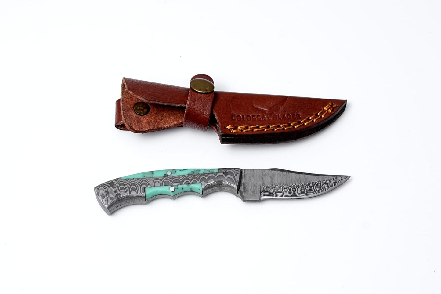 Hand-Forged Damascus Skinner Knife – Turquoise Inlay Handle with Leather Sheath