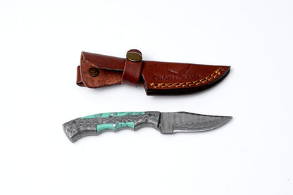 Hand-Forged Damascus Skinner Knife – Turquoise Inlay Handle with Leather Sheath