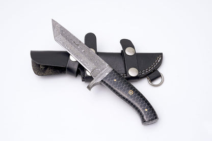 Hand-Forged Damascus Tanto Knife – Black Honeycomb G10 Handle with Mosaic Pin & Leather Sheath