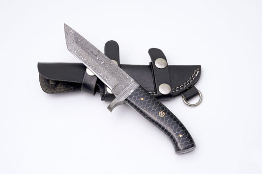 Hand-Forged Damascus Tanto Knife – Black Honeycomb G10 Handle with Mosaic Pin & Leather Sheath