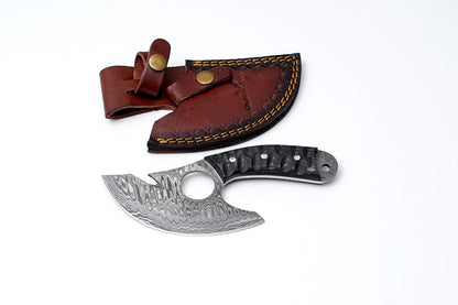 Hand-Forged Full Tang Damascus ULU Knife – Layered Micarta Handle with Leather Sheath
