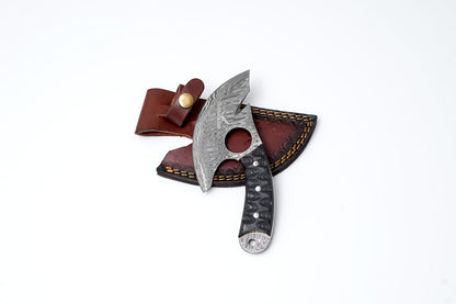 Hand-Forged Full Tang Damascus ULU Knife – Layered Micarta Handle with Leather Sheath