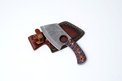 Hand-Forged Damascus Steel Mini Cleaver – Ripple Micarta Handle with Leather Sheath