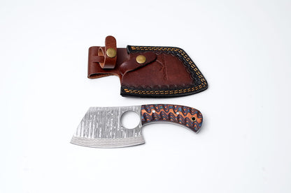 Hand-Forged Damascus Steel Mini Cleaver – Ripple Micarta Handle with Leather Sheath