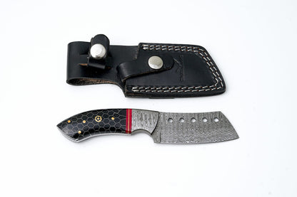 Hand-Forged Damascus Mini Chef Knife – Black Honeycomb Mosaic Handle with Leather Sheath
