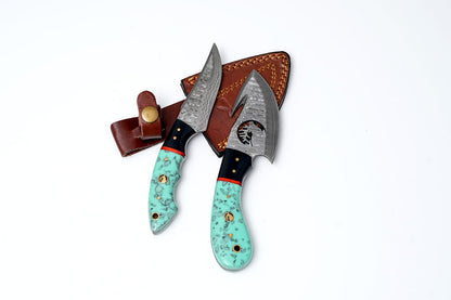 Hand-Forged Damascus Twin Knife Set – Gut Hook & Skinning Blades with Turquoise Mosaic Handles