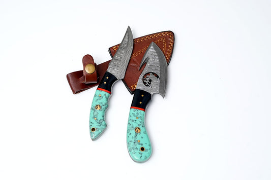 Hand-Forged Damascus Twin Knife Set – Gut Hook & Skinning Blades with Turquoise Mosaic Handles