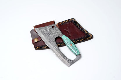Hand-Forged Full Tang Damascus Cleaver Knife – Turquoise Mosaic Handle with Leather Sheath