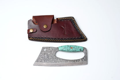 Hand-Forged Full Tang Damascus Cleaver Knife – Turquoise Mosaic Handle with Leather Sheath