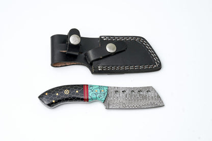 Hand-Forged Damascus Mini Chef Knife – Black Honeycomb Mosaic Handle with Leather Sheath