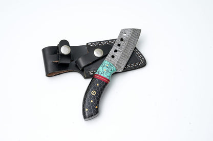 Hand-Forged Damascus Mini Chef Knife – Black Honeycomb Mosaic Handle with Leather Sheath