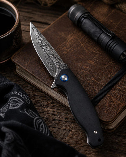 Damascus Flipper Folding Knife, Drop Point Blade, Black G10 Handle | EDC Pocket Knife | CB-23
