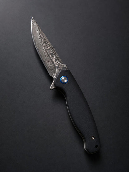Damascus Flipper Folding Knife, Drop Point Blade, Black G10 Handle | EDC Pocket Knife | CB-23