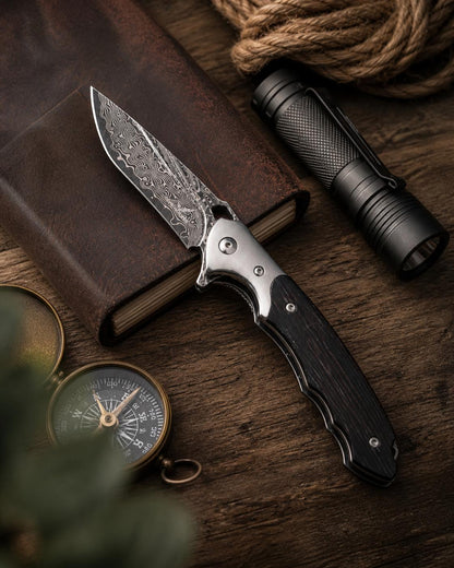 Damascus Flipper Folding Knife, Drop Point Blade, Wenge Wood Handle with Leather Sheath | EDC Pocket Knife | CB-24
