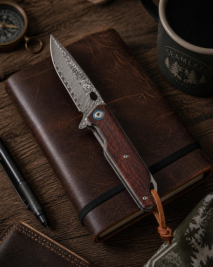 Damascus Flipper Folding Knife, Drop Point Blade, Rosewood Handle with Leather Sheath | EDC Pocket Knife | CB-25