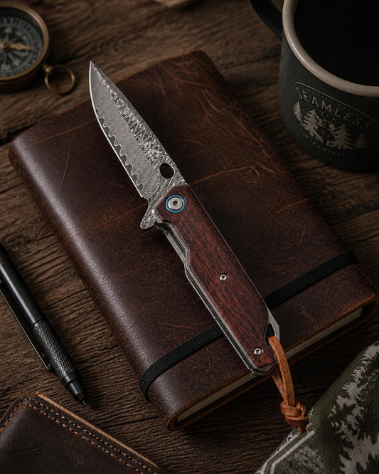 Damascus Flipper Folding Knife, Drop Point Blade, Rosewood Handle with Leather Sheath | EDC Pocket Knife | CB-25
