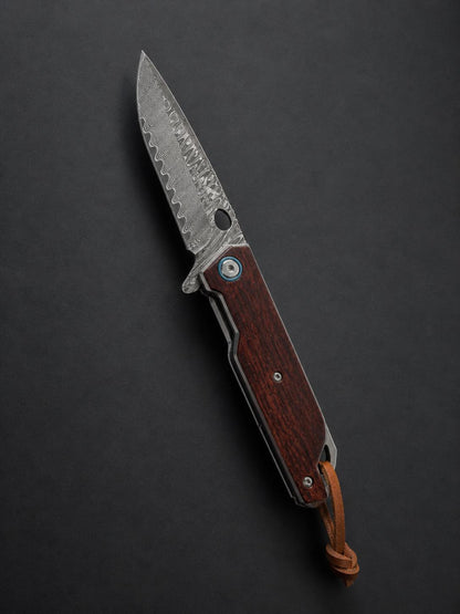 Damascus Flipper Folding Knife, Drop Point Blade, Rosewood Handle with Leather Sheath | EDC Pocket Knife | CB-25
