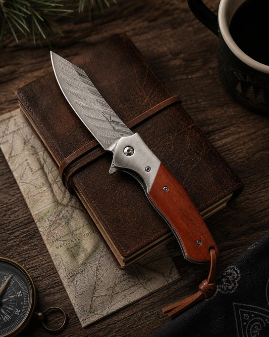 Damascus Flipper Folding Knife, Clip Point Blade with Pronounced Belly, Padauk Wood Handle with Leather Sheath | EDC Hunting Pocket Knife | CB-26
