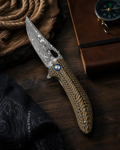Damascus Trailing Point Flipper Knife, 3D Milled G10 Handle, Dual Opening | EDC Pocket Knife with Leather Sheath | CB-27