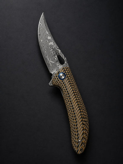 Damascus Trailing Point Flipper Knife, 3D Milled G10 Handle, Dual Opening | EDC Pocket Knife with Leather Sheath | CB-27