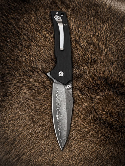 Damascus Steel Folding Pocket Knife – Black G10 Handle CB-28