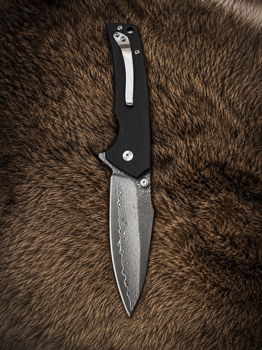Damascus Steel Folding Pocket Knife – Black G10 Handle CB-28