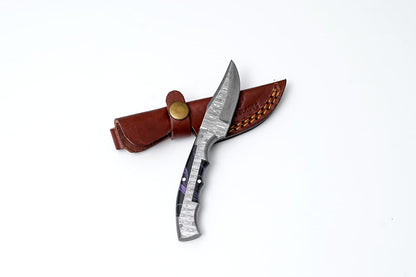 Hand-Forged Full Tang Damascus Utility Knife – Black & Purple Resin Handle with Leather Sheath