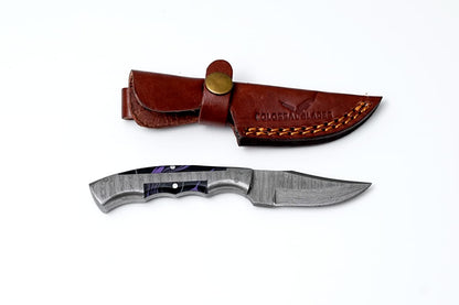 Hand-Forged Full Tang Damascus Utility Knife – Black & Purple Resin Handle with Leather Sheath