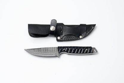 Hand-Forged Full Tang Damascus Utility Knife – Black Textured G10 Handle with Leather Sheath